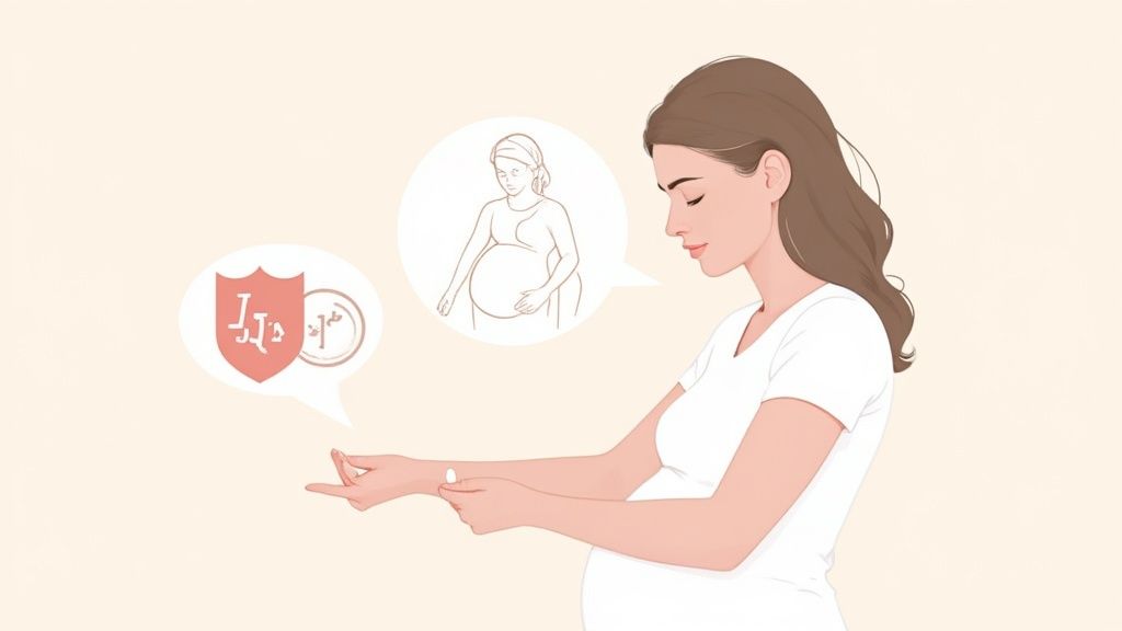 A pregnant woman considering a skincare product, symbolizing the safety concerns of using Aveeno Itch Relief during pregnancy.