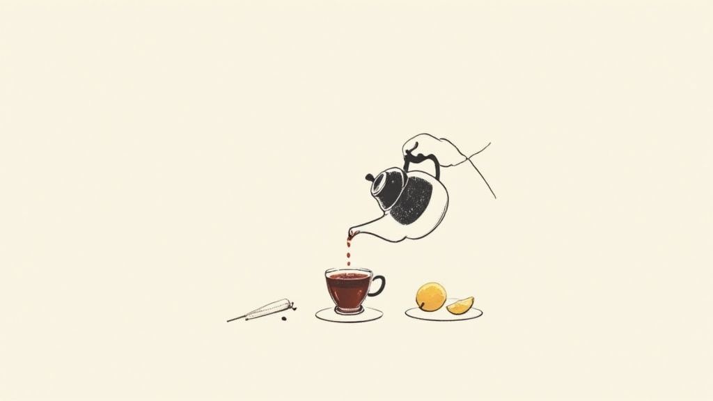 A person pouring hot water from a kettle into a glass mug with a tea infuser.
