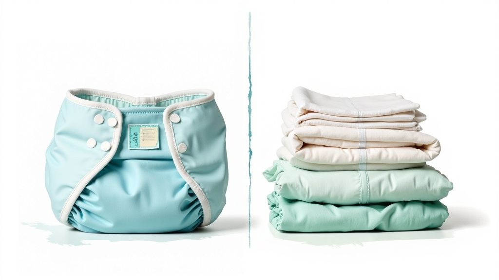 A light blue cloth diaper stands next to a stack of cream and green folded cloths.