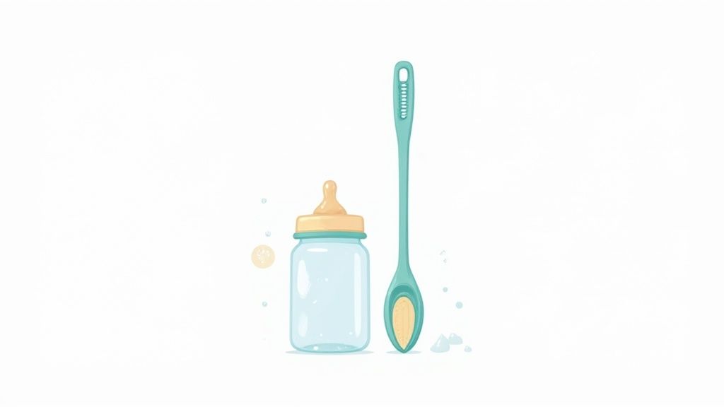 A person using a baby bottle cleaning brush to scrub the inside of a clear baby bottle.