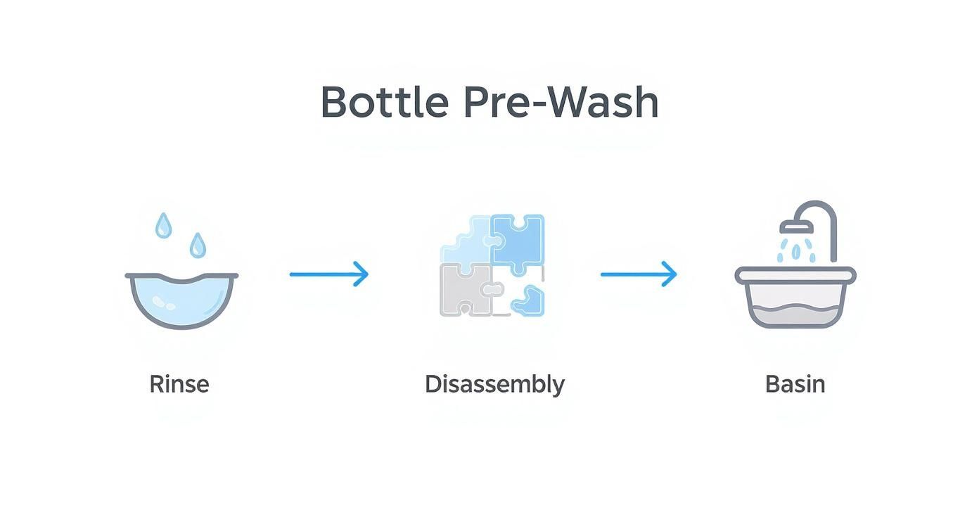 Infographic showing a three-step pre-wash process for baby bottles, starting with rinsing, then disassembling, and finally placing in a dedicated wash basin.