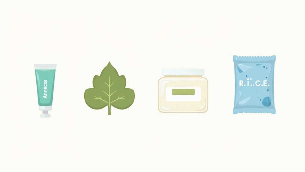 A variety of herbal leaves and flowers in bowls, representing different topical remedies.