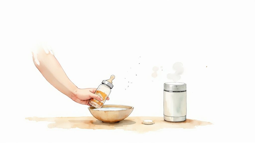 A baby bottle being warmed in a mug of hot water on a kitchen counter.