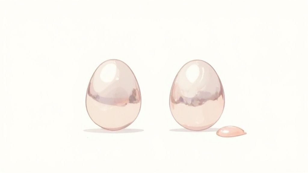 Two smooth rose gold metallic egg-shaped breast shields with glossy reflective finish on white background