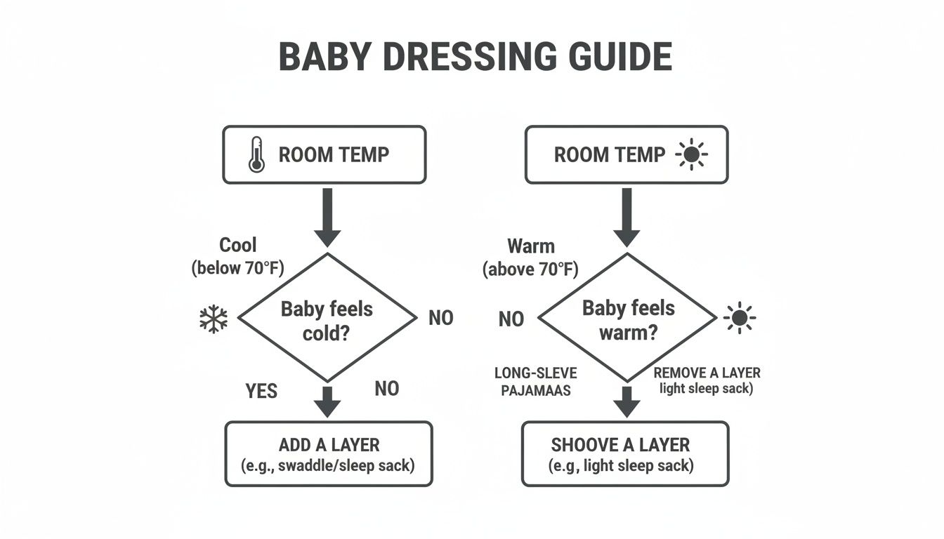 Flowchart guiding how to dress a baby for sleep based on room temperature and baby's comfort.