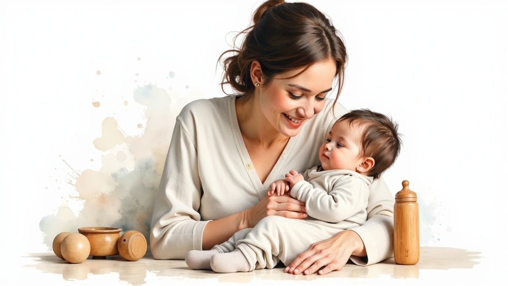 A baby chewing on a sustainable wooden toy while sitting in a modern high chair.