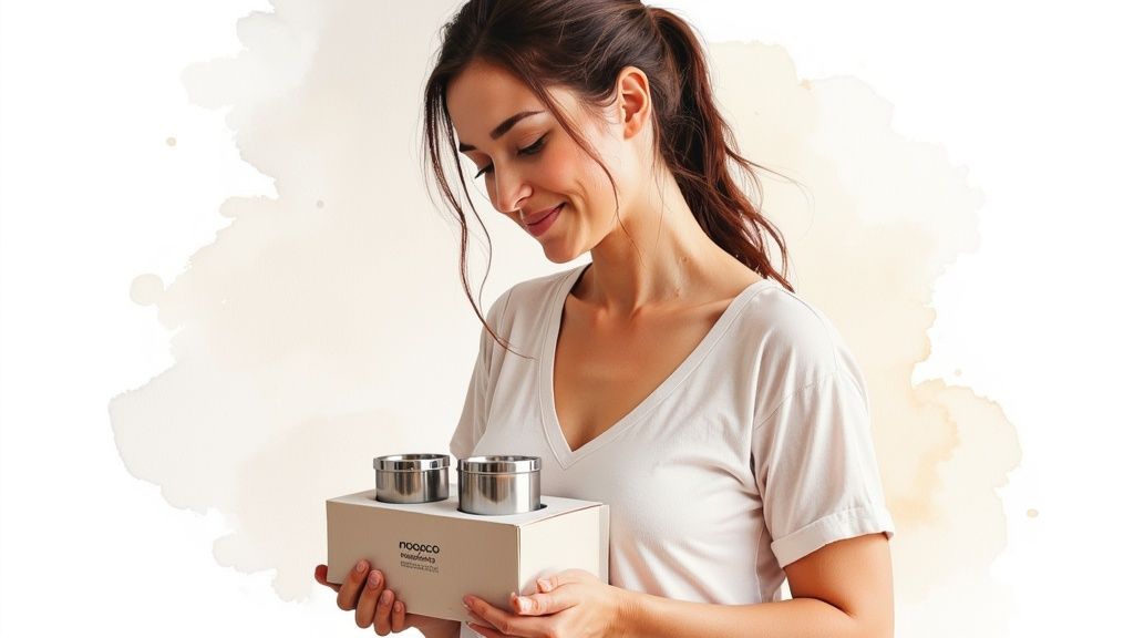 A smiling woman holds a white box containing two silver nursing cups.