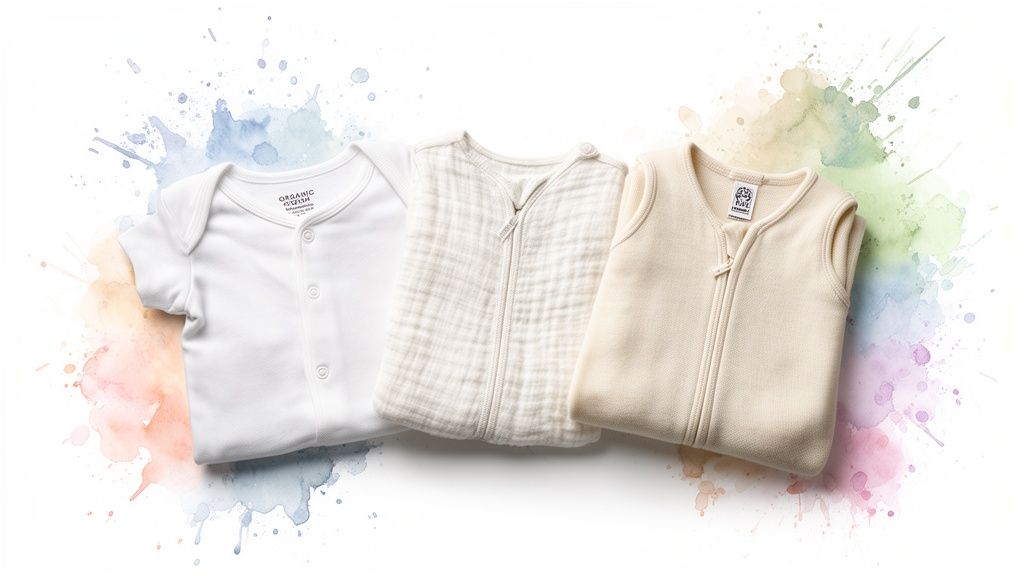 Three organic baby sleepwear items: a white onesie and two sleep sacks on a watercolor background.