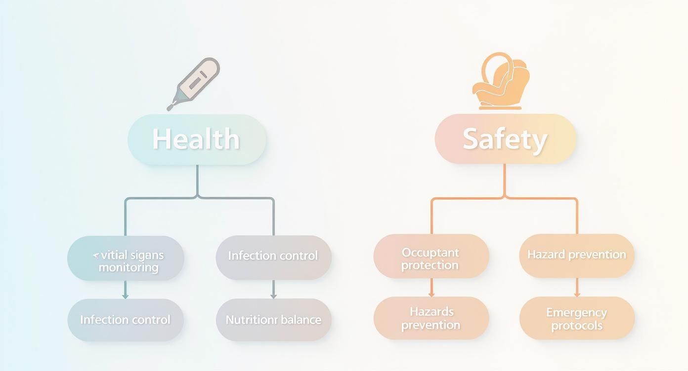 Flowchart showing health and safety categories for newborn care including infection control and hazard prevention