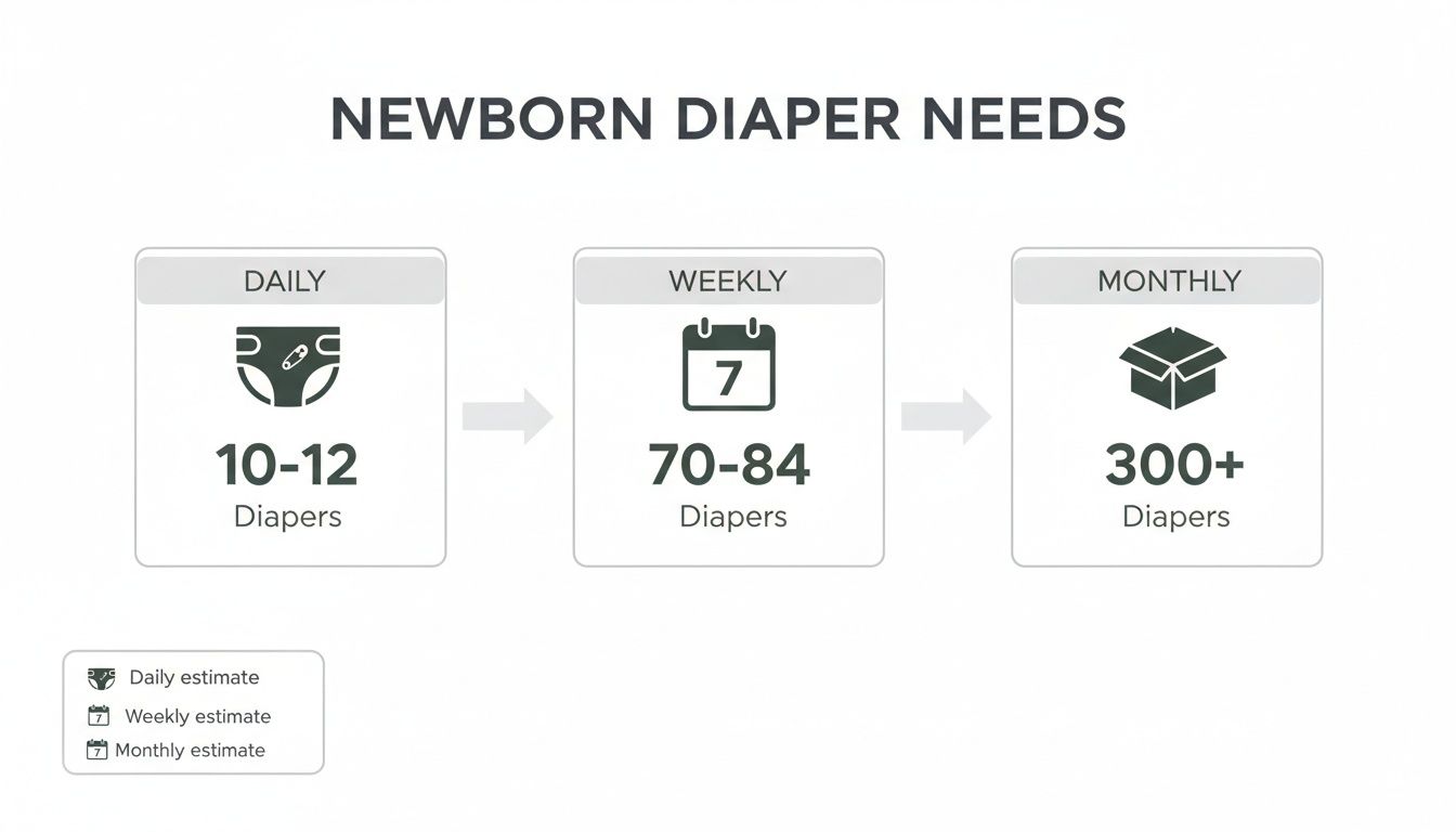 Infographic showing newborn diaper needs: 10-12 daily, 70-84 weekly, and over 300 monthly.