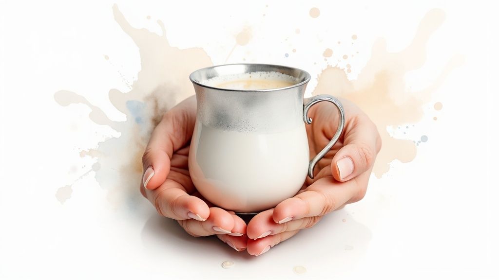 Hands gently cup a silver and white mug filled with a warm beverage, on a white background.