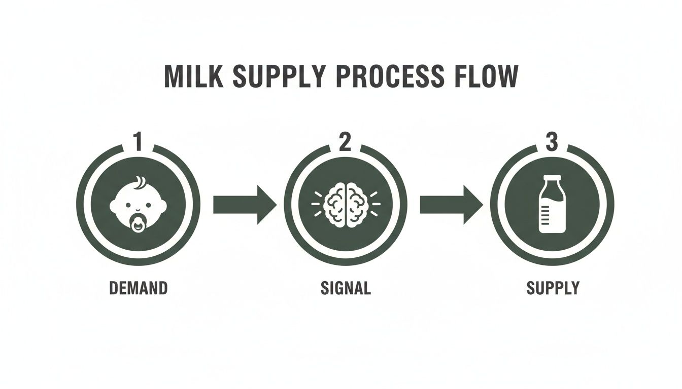 A diagram illustrating the milk supply process flow from demand (baby) to signal (brain) to supply (milk bottle).