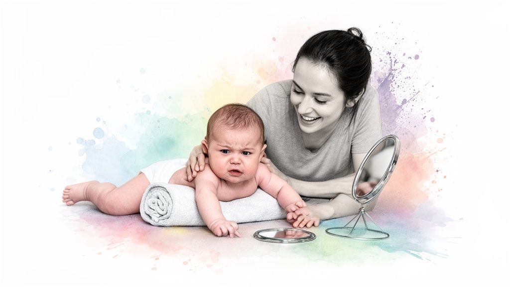 A smiling mother and her baby exploring mirrors during tummy time with watercolor art.