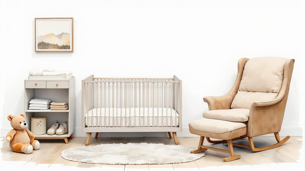 A serene baby nursery featuring a crib, changing table, rocking chair, and a soft rug.