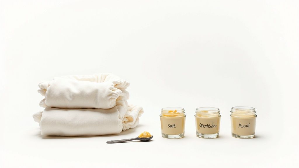 White cloth diapers with cream on a spoon and three labeled jars: Safe, Opertasdm, Avoid.