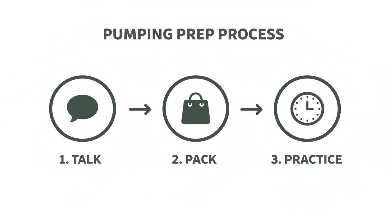 Flowchart illustrating the pumping preparation process with three steps: Talk, Pack, and Practice.