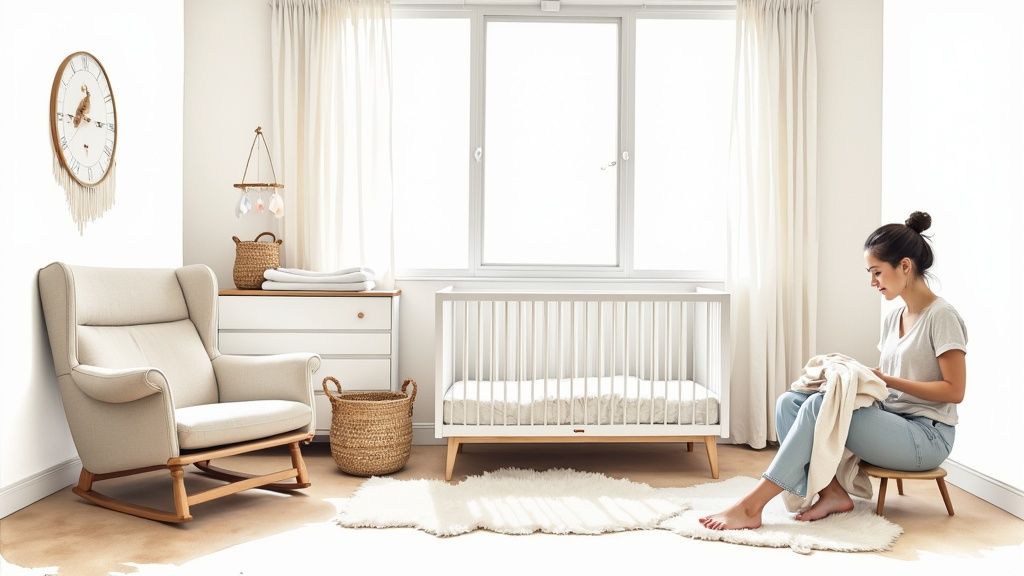 A bright, minimalist nursery room with a woman folding clothes, a crib, and a rocking chair.