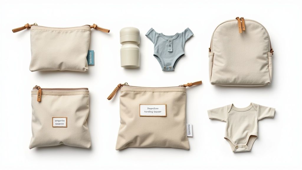 An organized diaper bag with essentials like diapers, wipes, and clothes neatly arranged in compartments.