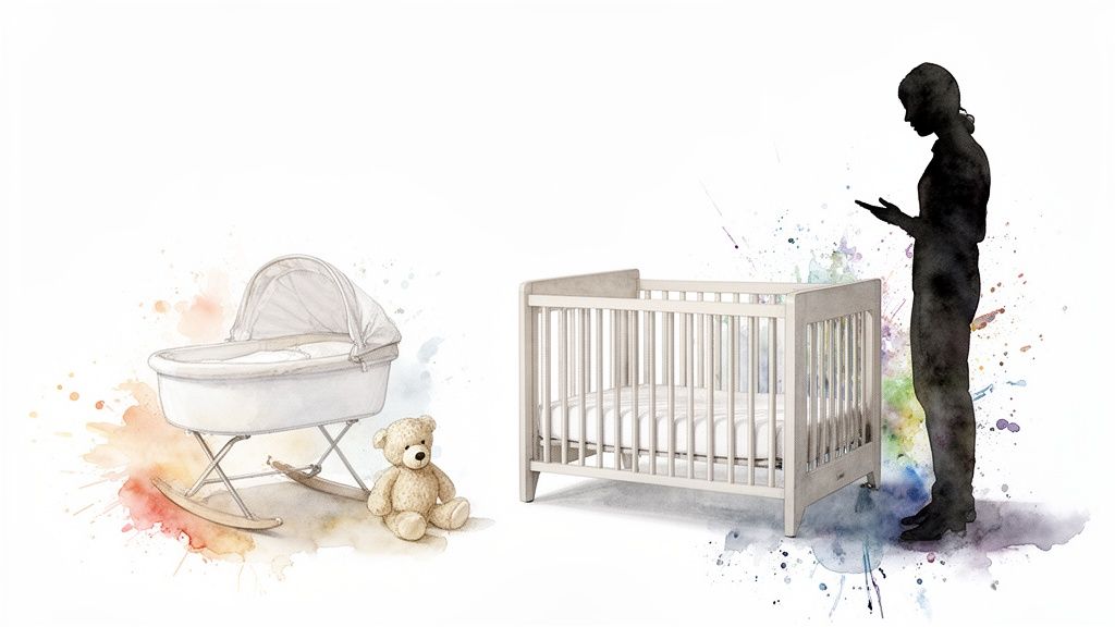 Watercolor illustration showcasing a bassinet with a teddy bear and a crib next to a person.