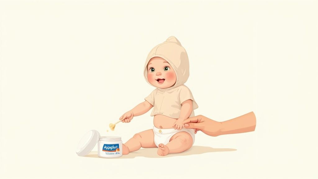 A tube of Aquaphor next to a baby's leg, illustrating its gentle use on sensitive skin.