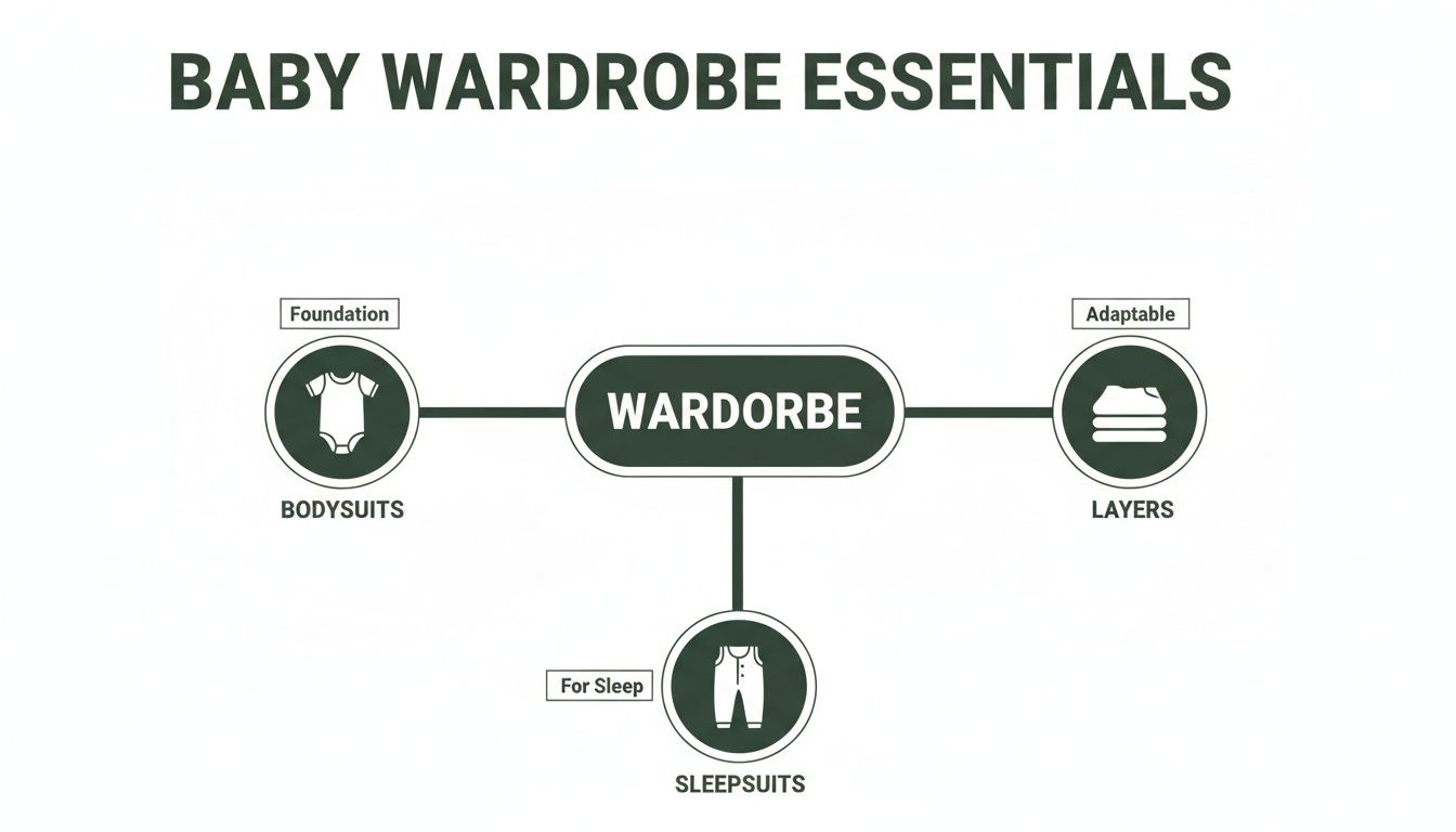 A diagram illustrating baby wardrobe essentials, including bodysuits, layers, and sleepsuits.