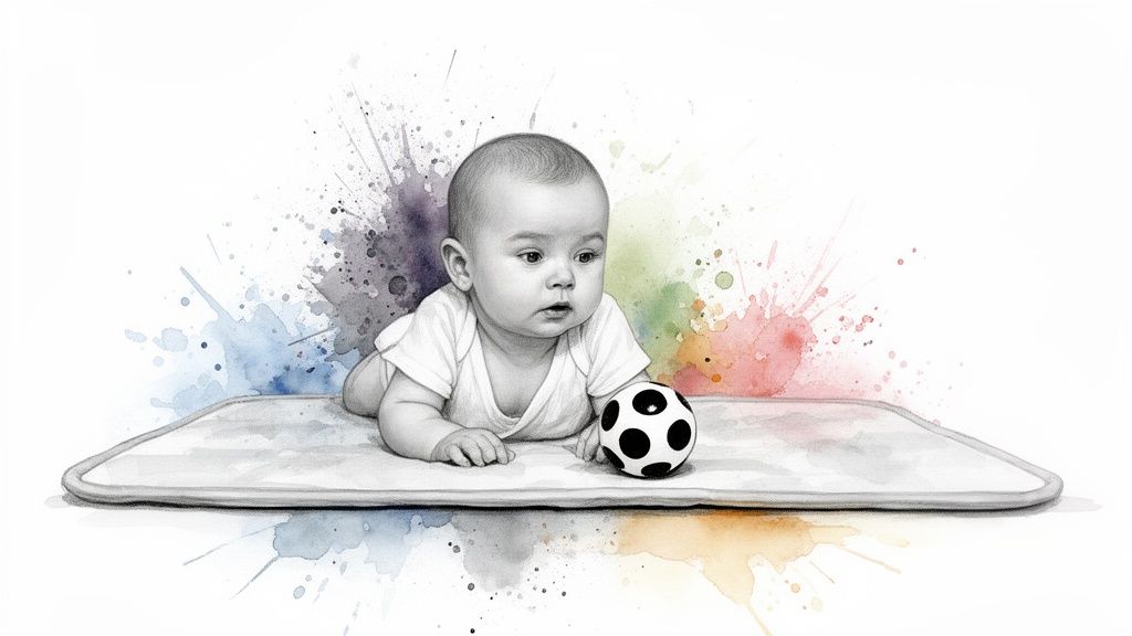 A cute baby doing tummy time on a mat, looking at a small soccer ball, with colorful watercolor splashes in the background.