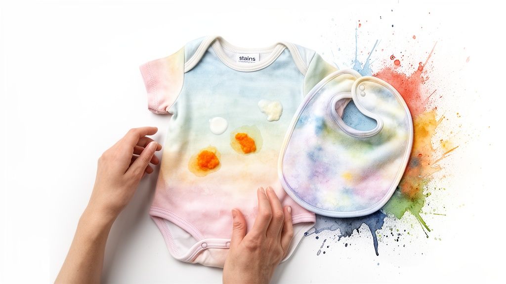 Hands hold a colorful tie-dye baby onesie with food stains and a matching bib.