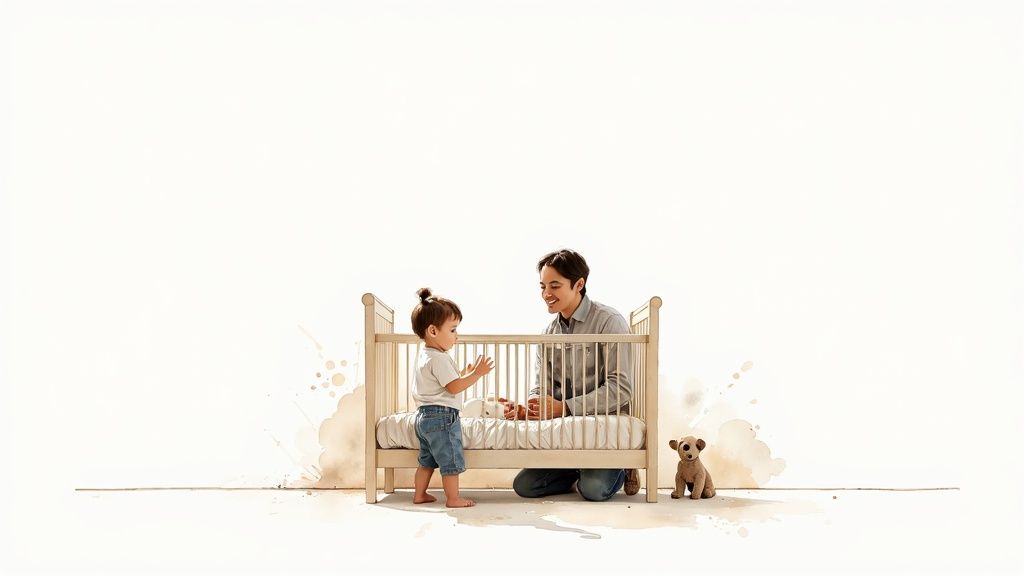 Happy father and baby engaging near a crib with a toy dog on a minimalist background.