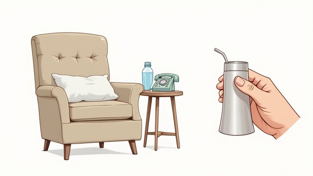 Comfortable armchair with phone and water bottle next to hand holding nursing cup with straw