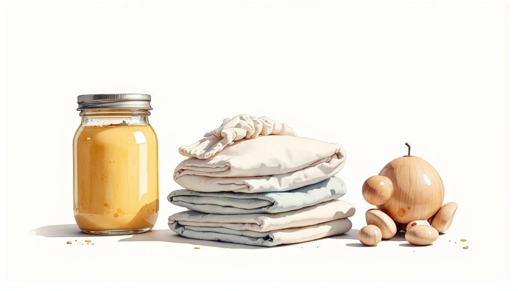 A mother making homemade baby food in a sunlit kitchen.