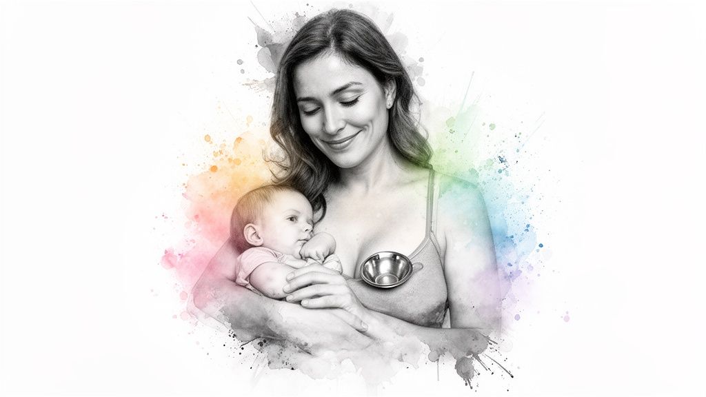A loving mother holds her baby close, wearing a silver nursing cup, with colorful watercolor accents.