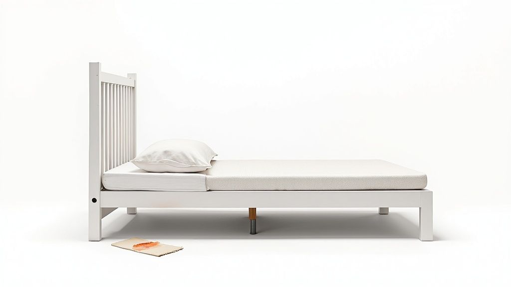 A cozy, well-lit nursery featuring a modern wooden crib with a comfortable mattress.