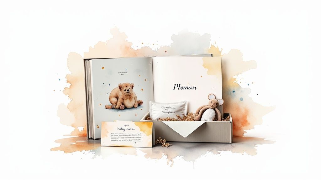 A personalized gift set for a new baby, featuring wooden toys and custom-engraved items.