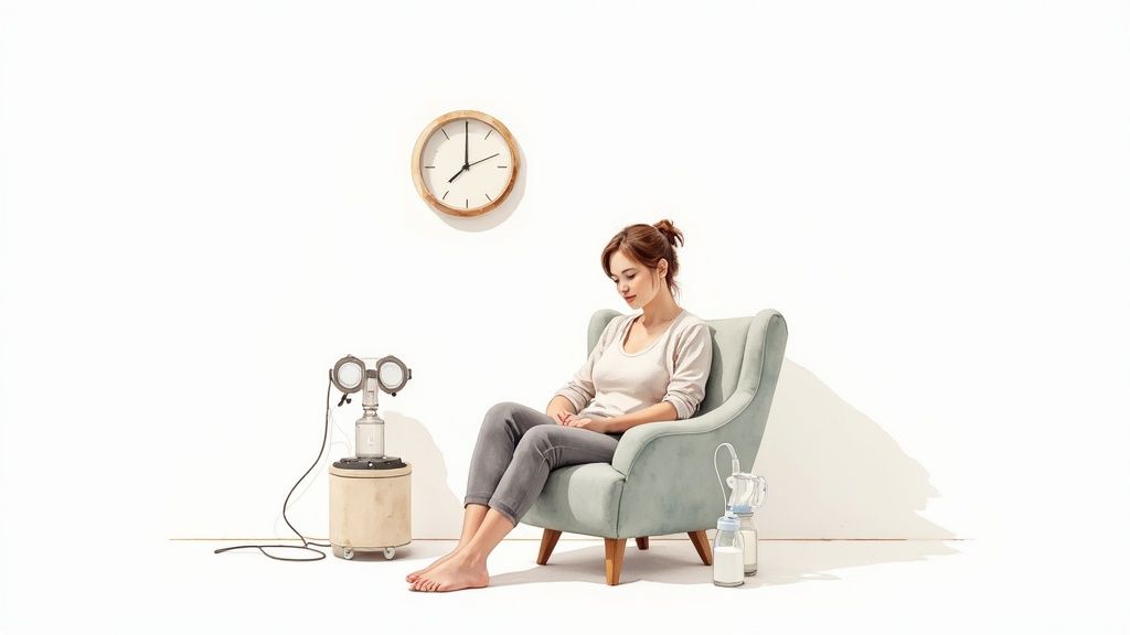 A mother holds a bottle of freshly pumped breast milk