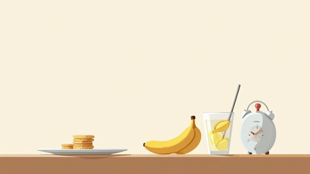 A pregnant woman is drinking tea and eating crackers in bed to manage morning sickness.