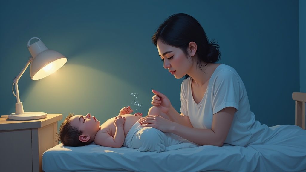 A mother holds and comforts her fussy baby, who looks uncomfortable from gas.