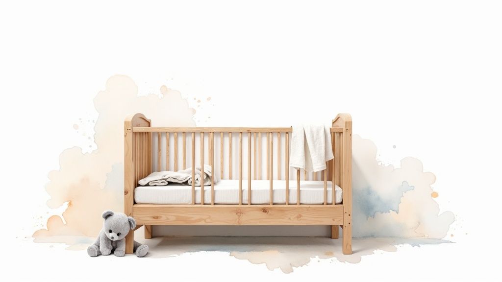 A cozy and safe baby nursery with a wooden crib and neutral decor.