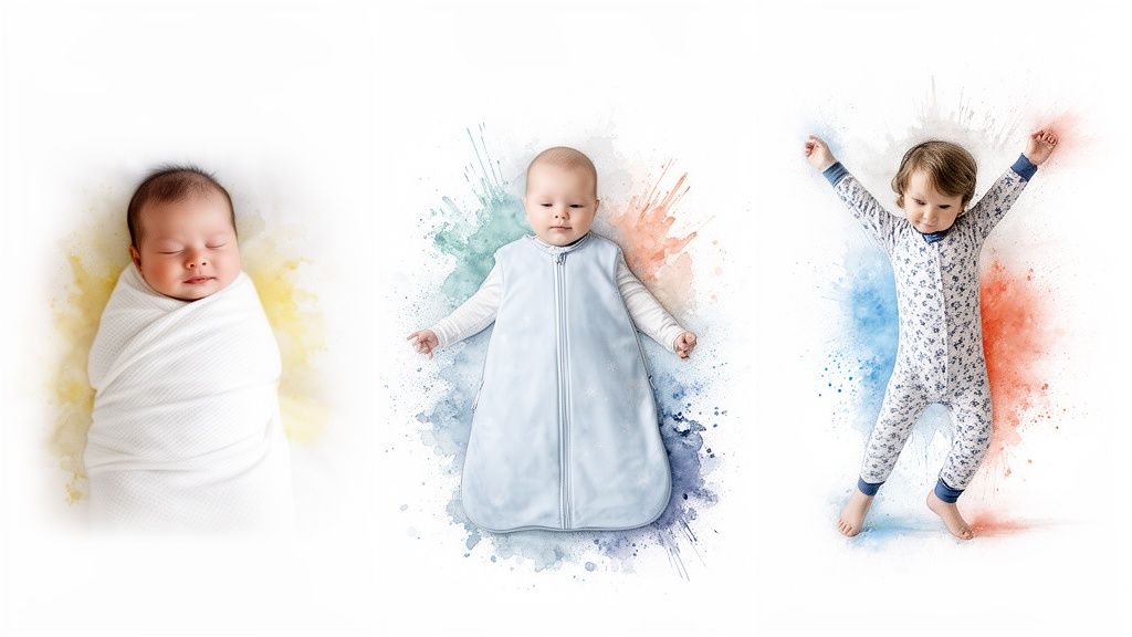 Three babies at different ages in sleepwear: swaddled newborn, infant in sleep sack, toddler in pajamas.