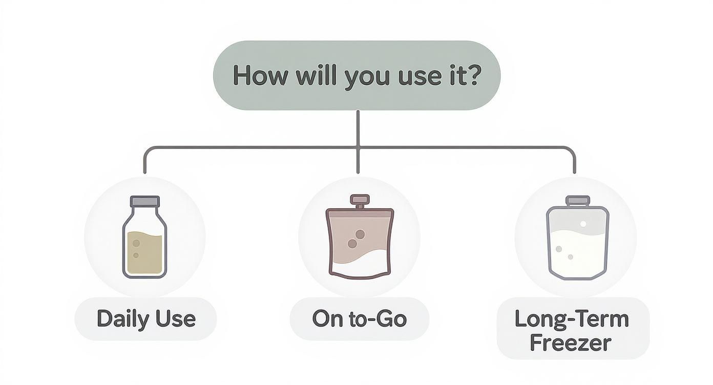 Infographic decision tree showing how to choose milk storage based on use.