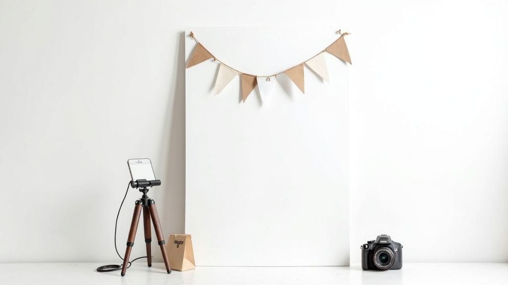 White room with a photography setup: a blank board, decorative banner, smartphone on tripod, and DSLR camera.