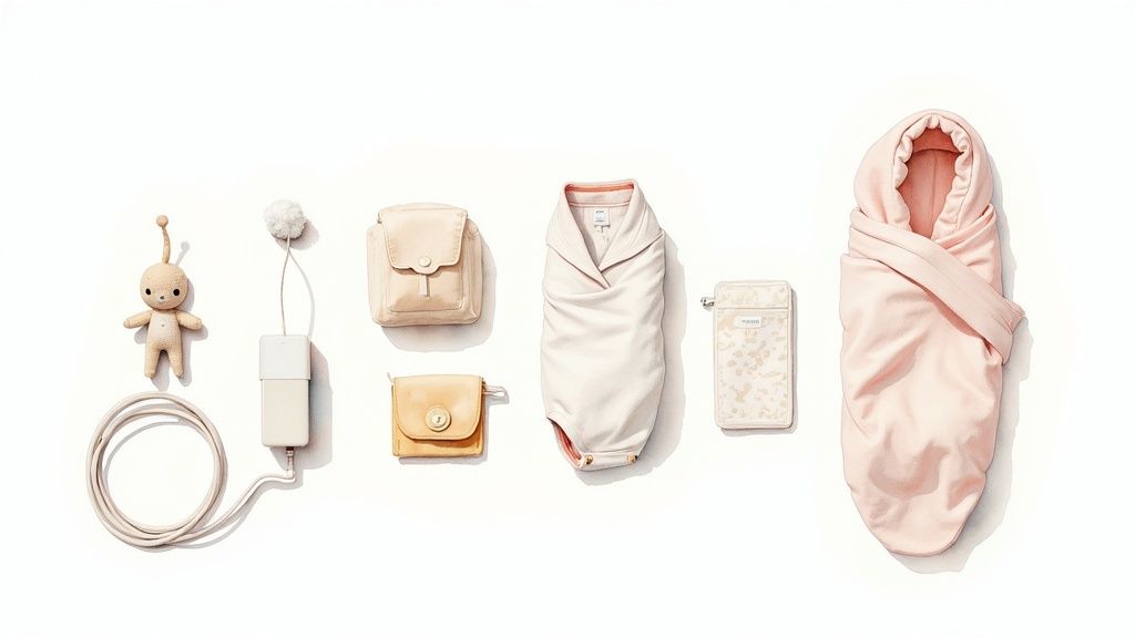 A flat lay of baby essentials: a toy, electronic device, small bags, and two baby swaddles.