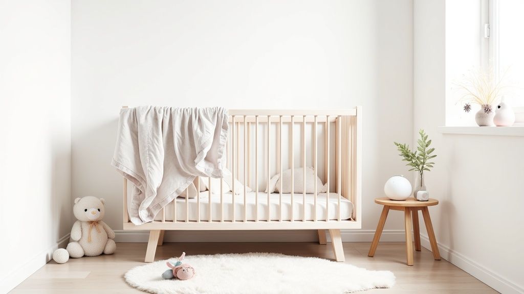 A modern, serene nursery with a light wood crib, a comfortable chair, and soft, neutral decor.