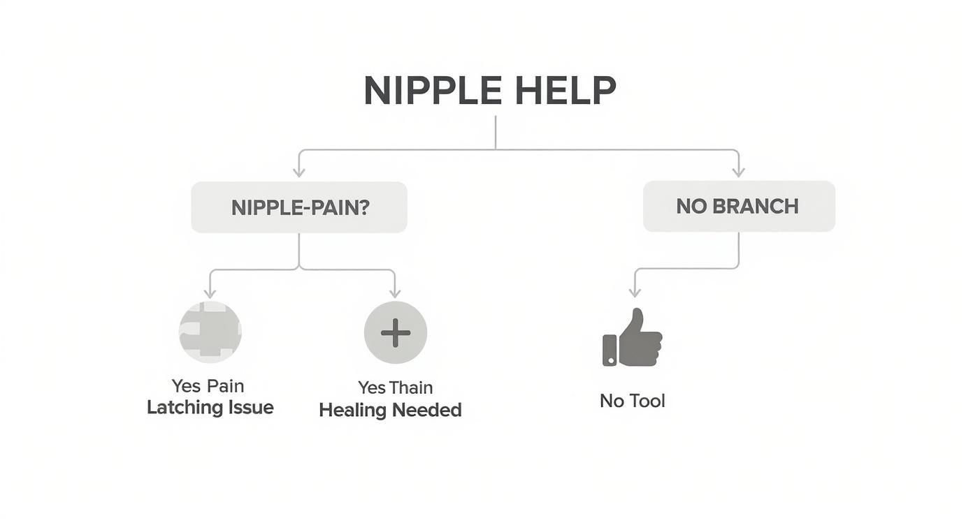 Flowchart diagram showing nipple help decision tree for breastfeeding pain and latching issues
