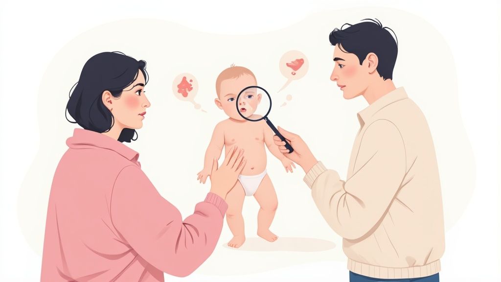 A mother holds her baby, who has a slight rash on their cheek, while looking concerned.