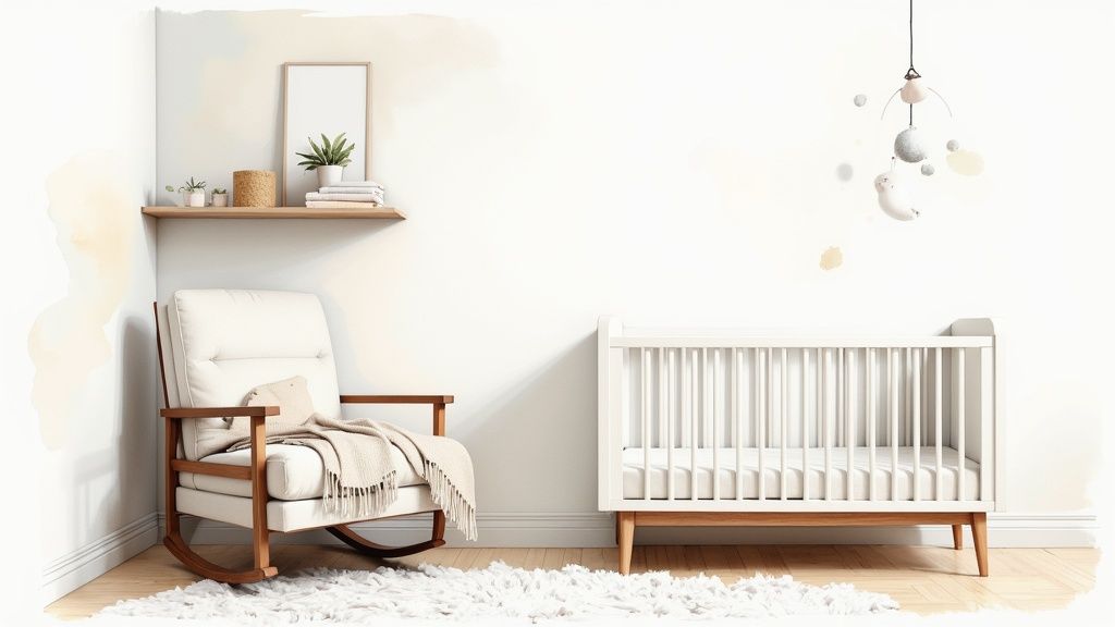 A serene and well-organized baby nursery with a wooden crib, changing table, and soft decorations.