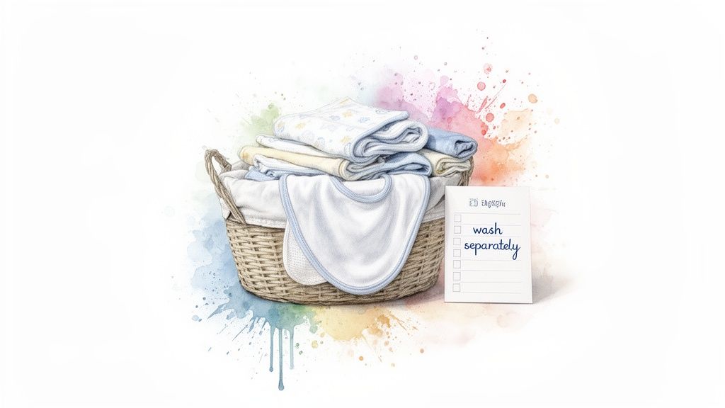 A laundry basket full of folded baby clothes with a note reminding to wash separately, against a colorful watercolor background.
