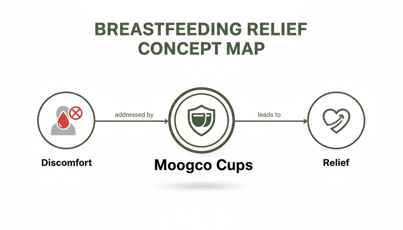 A concept map shows how Moogco Cups address breastfeeding discomfort, leading to relief.
