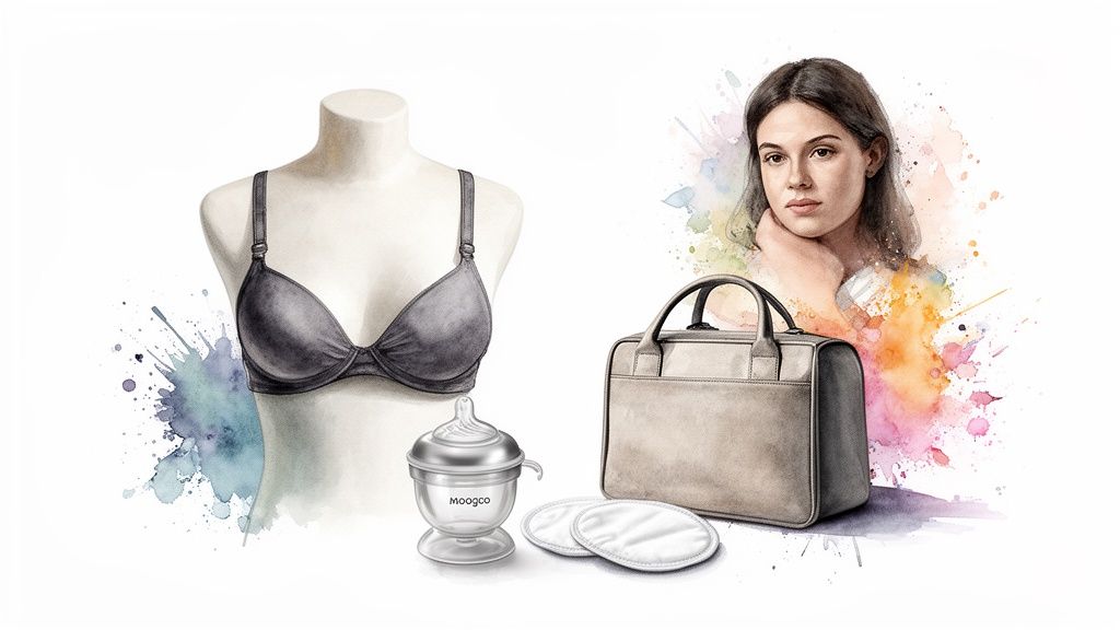 Watercolor illustration of breastfeeding essentials including a bra, milk collector, <a href=
