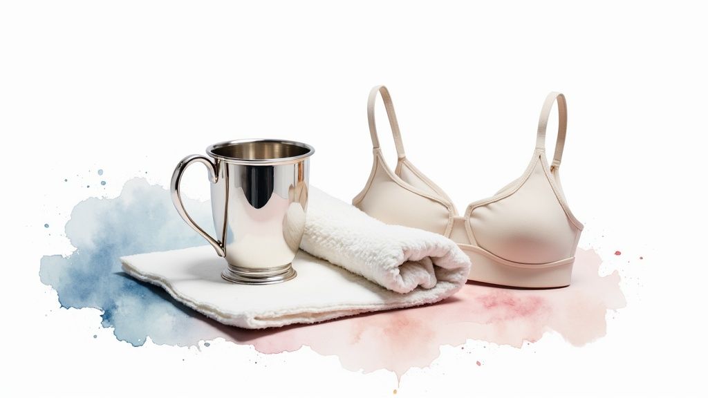 A silver mug, a rolled white towel, and a beige bra on a white surface.