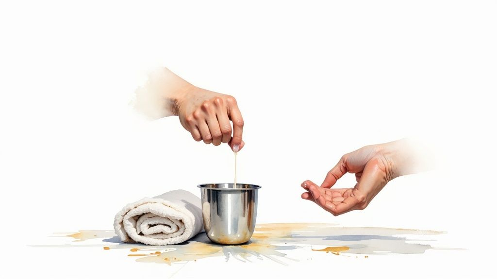 Hands expressing liquid into a silver nursing cup, with a towel nearby on a white surface.